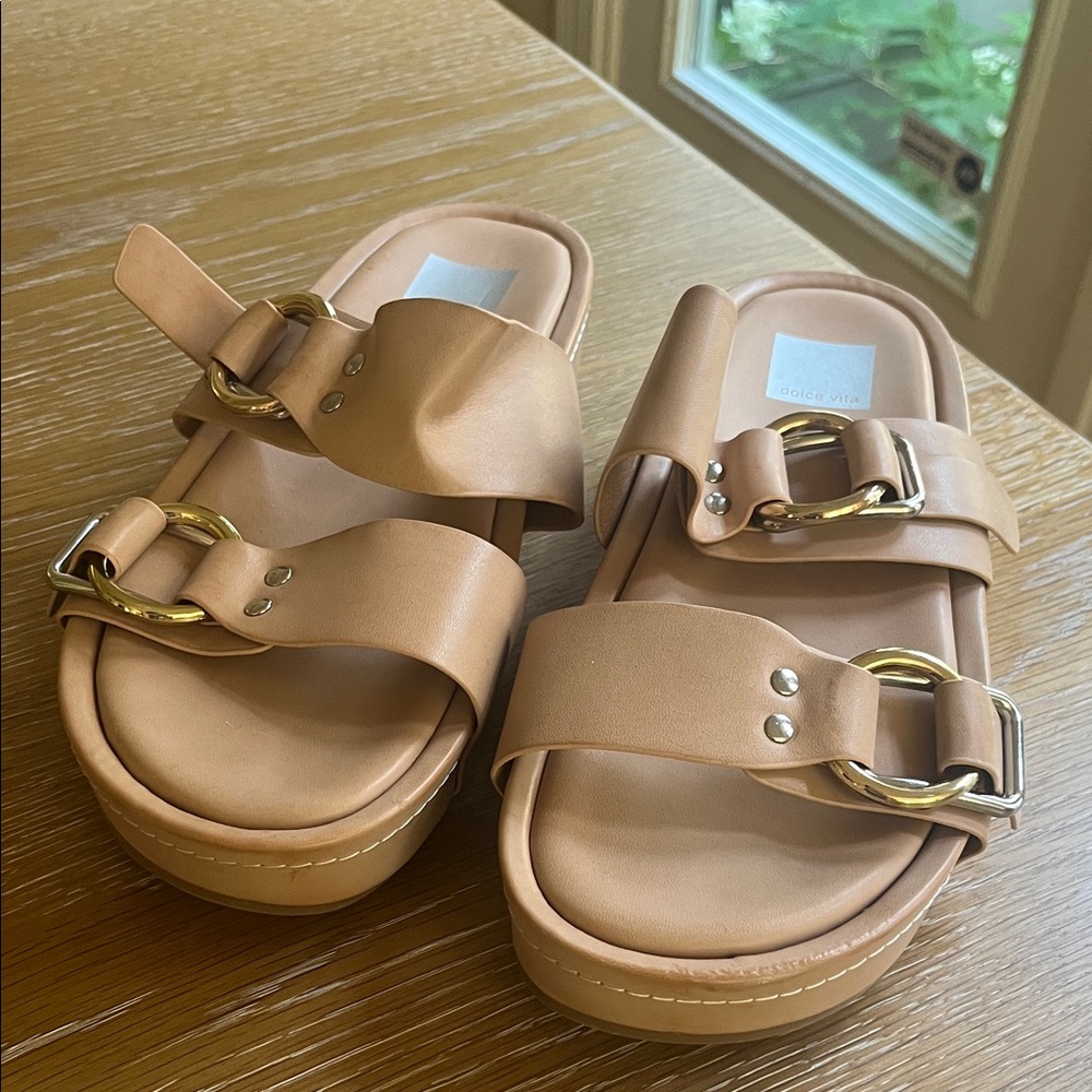 Dolce Vita Beige Sandals with Gold Buckles